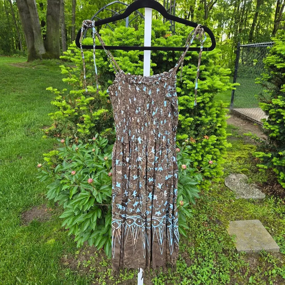 Boho Fringed Smocked Sundress by kokonuts Brown Tie Dye Blue Print one size